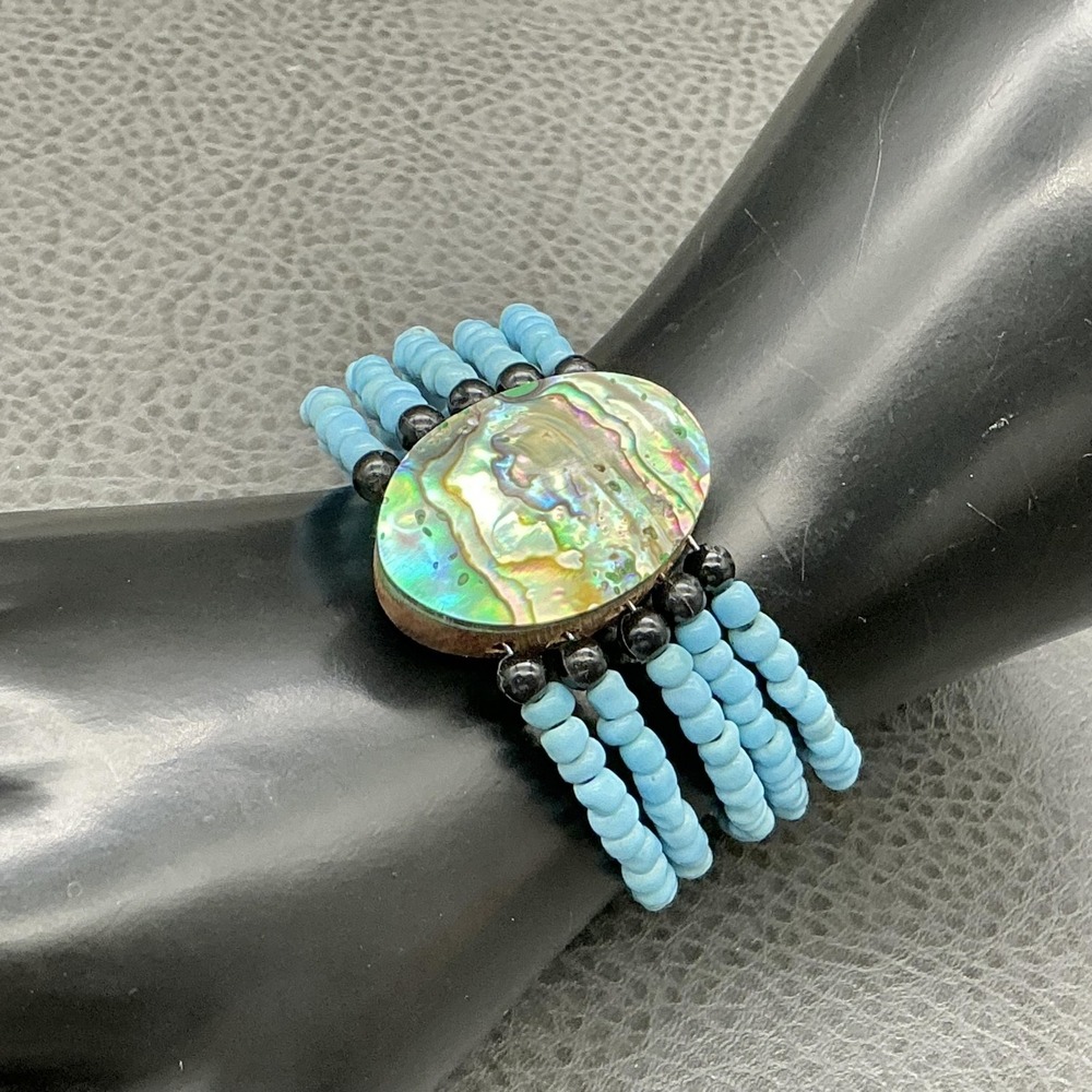 Bracelet Blue Beaded‎ Cuff Abalone Shell Oval Wood Panel Womens Beach Jewelry